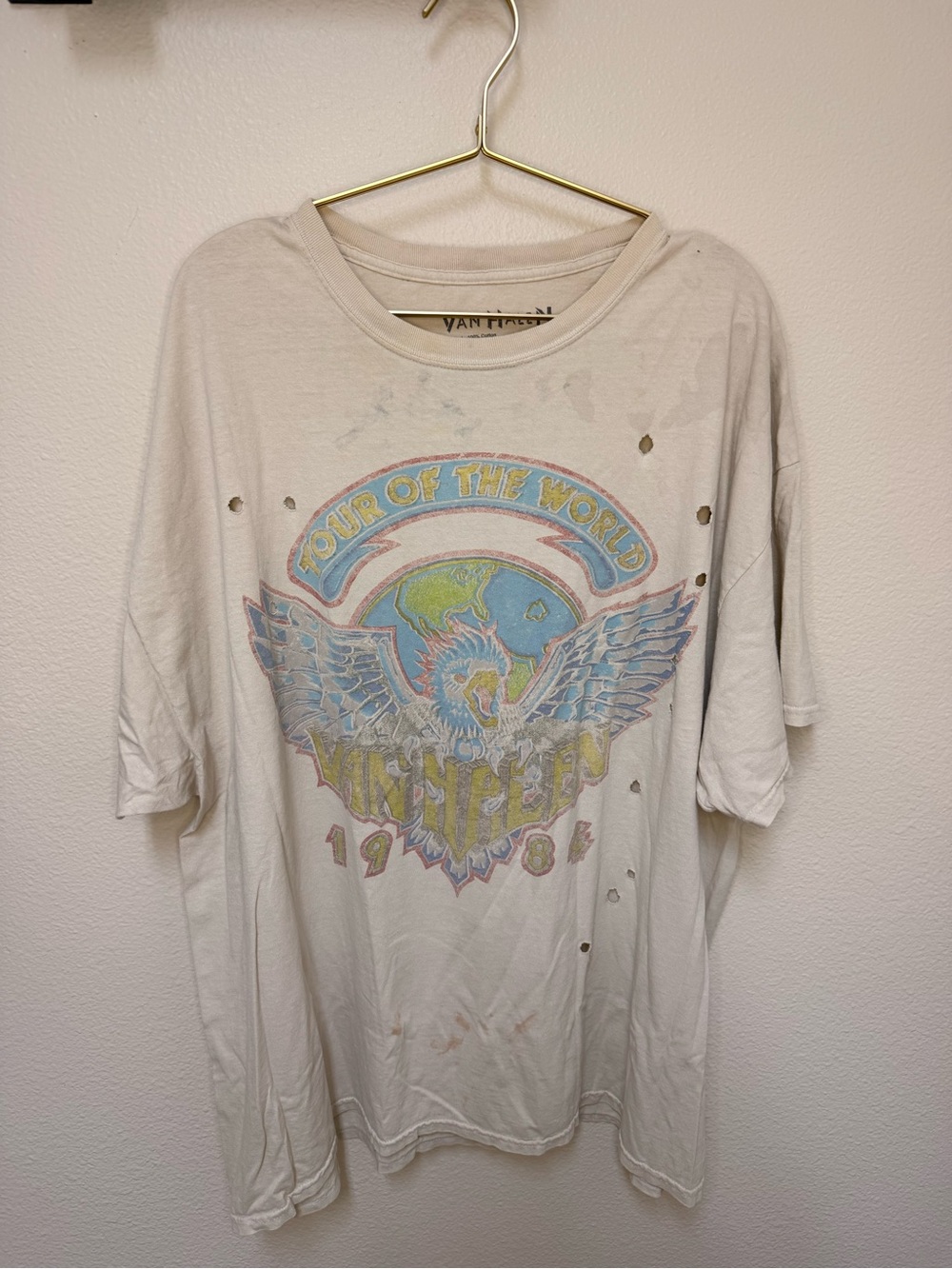 Van Halen 1984 Tour Of The World T Shirt Extra Distressed Band Tee OS Unisex